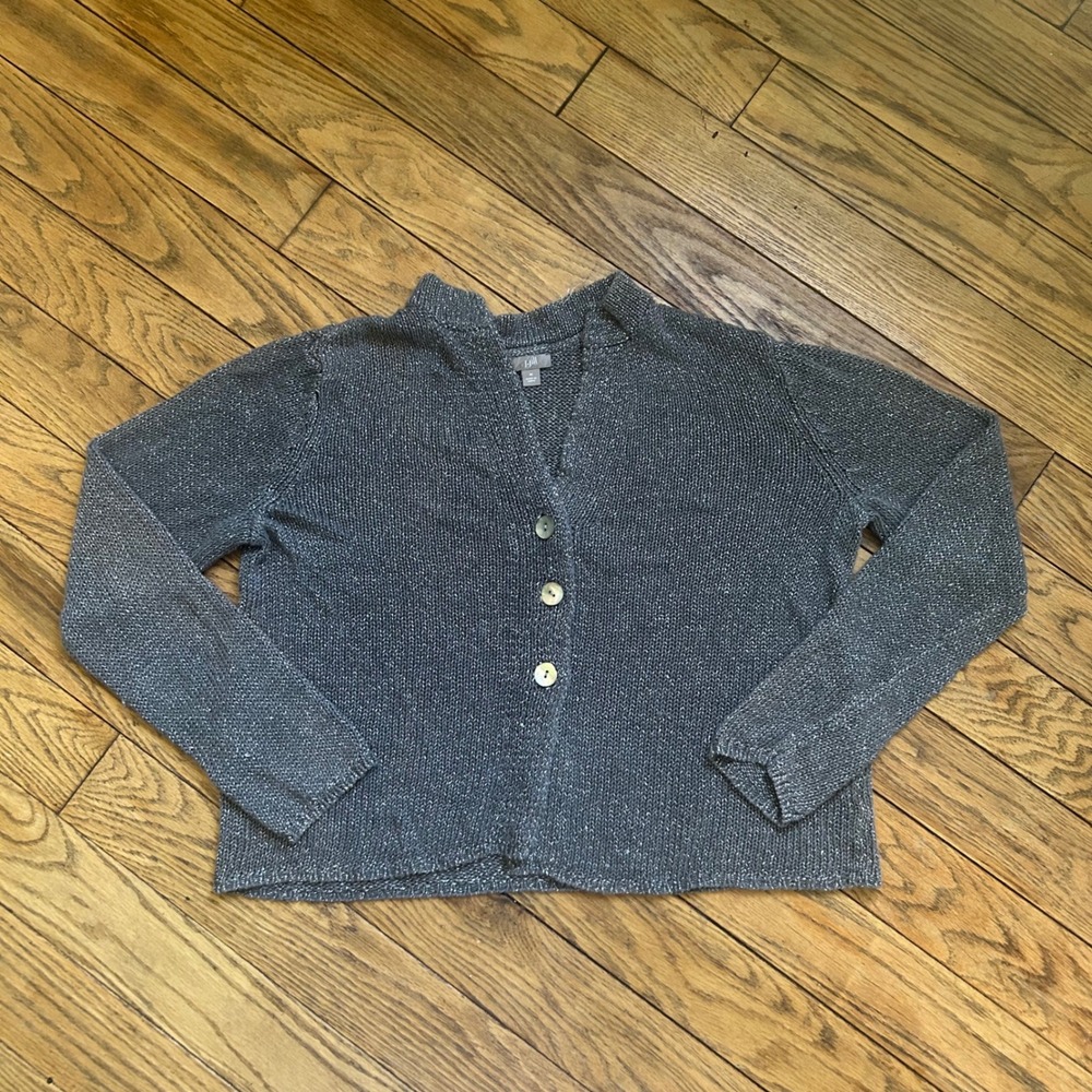 J. Jill Grey Metallic Linen Blend Button Front Cardigan Sweater Womens Medium
